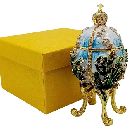 Faberge Yumurta Swarovski Taşlı Lüks Mücevher Kutusu Mavi Yeşil 12cm HEDİYELİ