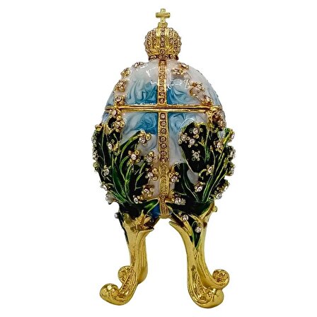 Faberge Yumurta Swarovski Taşlı Lüks Mücevher Kutusu Mavi Yeşil 12cm HEDİYELİ