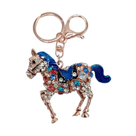 Kristal Taşlı At Figürlü Anahtarlık Mavi
