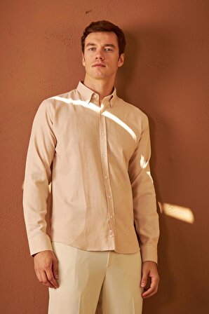 Erkek Kolay Ütülenebilir Oxford Slim Fit Gömlek Bej MARS36