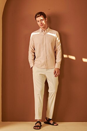 Erkek Kolay Ütülenebilir Oxford Slim Fit Gömlek Bej MARS36