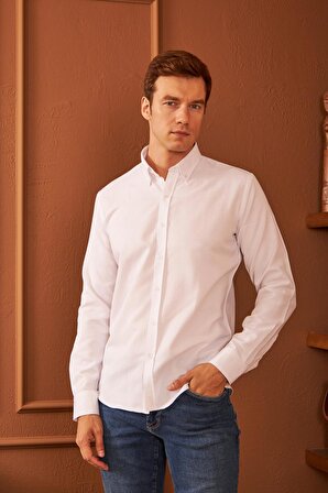 Erkek Kolay Ütülenebilir Oxford Slim Fit Gömlek Beyaz MARS36