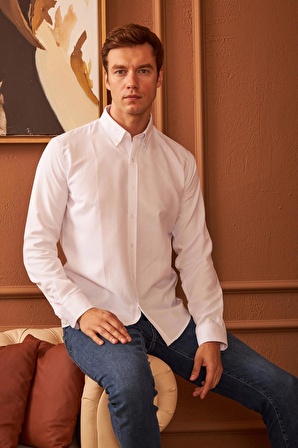 Erkek Kolay Ütülenebilir Oxford Slim Fit Gömlek Beyaz MARS36