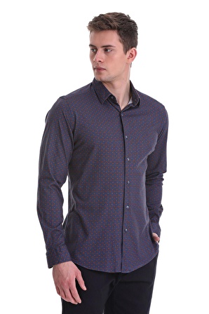Lacivert Slim Fit Baskılı 100% Pamuklu Slim Yaka Uzun Kollu Baskılı Casual Gömlek | M