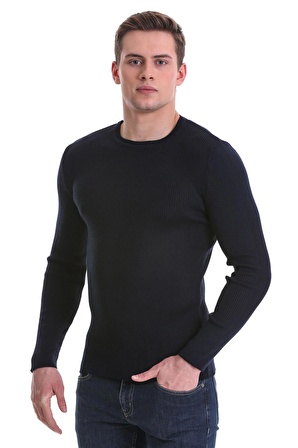 Lacivert Slim Fit Fitilli Bisiklet Yaka Yünlü Triko Kazak | S