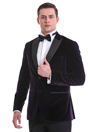 Mor Slim Fit Düz Sivri Yaka Kadife Klasik Smokin Damatlık | 50