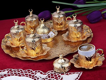 Osmanlı Motifli 6 Kişilik Türk Kahve Seti - Altın