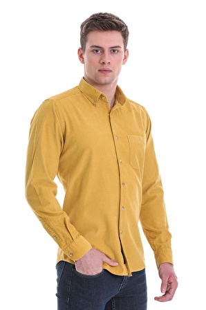Hardal Slim Fit Düz 100% Pamuklu Düğmeli Yaka Uzun Kollu Klasik Gömlek | XL