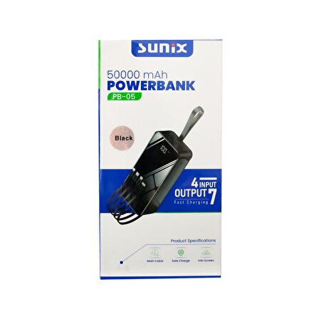 Sunix PB05 Micro, İos Lightning, Type-C Çıkışlı Led Göstergeli Powerbank 50000 mAh