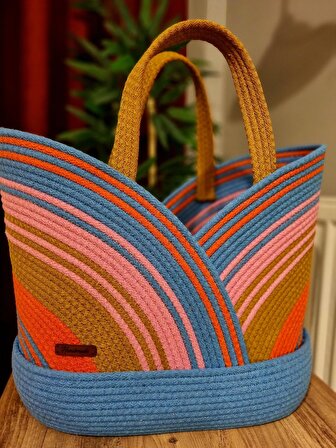 El yapımı çok renkli tress pamuk plaj çantası, el çantası