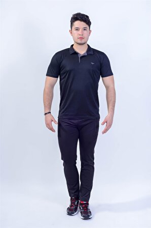 Crosstime Polo Yakalı - Erkek Siyah Likralı Spor T-shirt - 5017-02