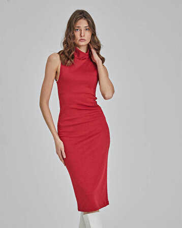 Kırmızı Sıfır Kol Piton Desen Elbise
