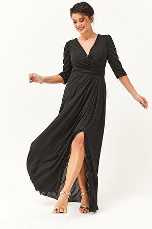 Kadın Büyük Beden Kruvaze Yaka Simli Uzun Siyah Abiye & Gece Elbisesi