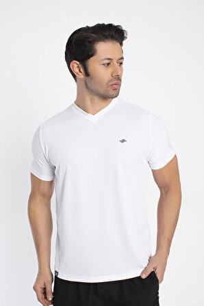 CROZWİSE 7136-08 Beyaz Beden L Penye Kare Petekli V Yaka Erkek Spor T-shirt