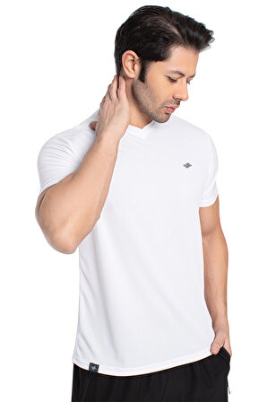 CROZWİSE 7136-08 Beyaz Beden XL Penye Kare Petekli V Yaka Erkek Spor T-shirt