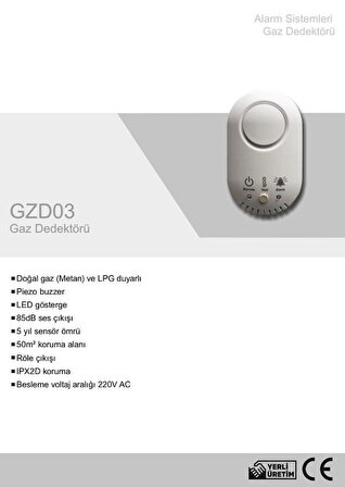 GZD03 Dogalgaz ve LPG Gaz Dedektörü (220V) İgdaş ve Gazmer Onaylı 