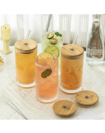 2’li bambu kapaklı cam pipetli cam kokteyl bardağı