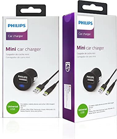 Philips DLP2520U/97 USB Araç Şarj Cihazı 2.1A + Micro USB Şarj Kablosu 1.2 mt (Philips Türkiye Garan