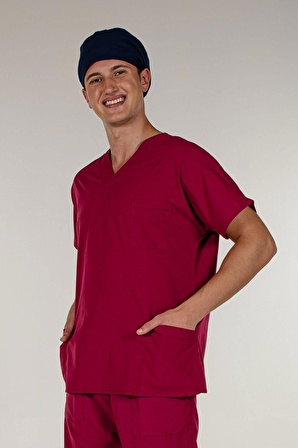 Bordo Üst Scrubs Terrycotton Doktor Hemşire Forma