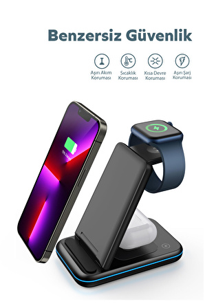 Woyax by Deji iPhone-Watch-Airpods ve Magsafe Uyumlu Katlanabilir 15W Hızlı Wireless Kablosuz Şarj Standı