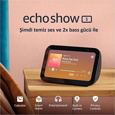 Echo Show 5 (3. Nesil, 2023 sürümü) | 2 kat daha fazla bas ve daha net ses ile akıllı ekran |