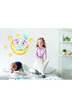 Çok Renkli Sevimli Balonlu Fil Figürlü Kapı-Duvar-Dolap Ahşap MDF Sticker