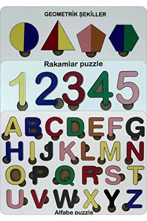 Rengarenk UV Baskılı Ahşap Alfabe Set 3'ü 1 Arada Alfabe-Geometrik Şekiller-Rakamlar Sök Tak Puzzle  