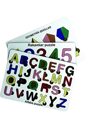 Rengarenk UV Baskılı Ahşap Alfabe Set 3'ü 1 Arada Alfabe-Geometrik Şekiller-Rakamlar Sök Tak Puzzle  