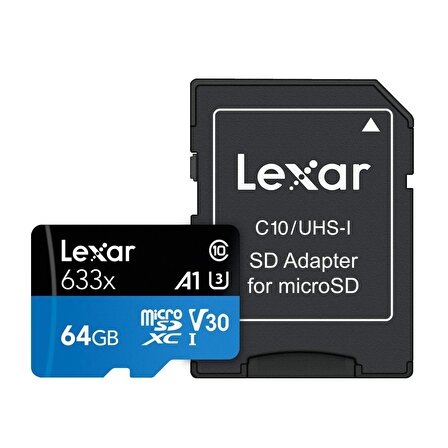 Lexar 64GB High-Performance 633x microSDHC UHS-I 100MB/s Okuma 45MB/s Yazma C10 A1 V30 U3 Hafıza Kartı + Adaptör