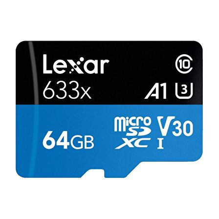 Lexar 64GB High-Performance 633x microSDHC UHS-I 100MB/s Okuma 45MB/s Yazma C10 A1 V30 U3 Hafıza Kartı + Adaptör