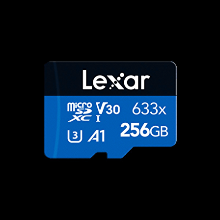 256GB Lexar® High-Performance 633x microSDXC™ UHS-I with SD adapter, up to 100MB/s read 45MB/s write C10 A1 V30 U3