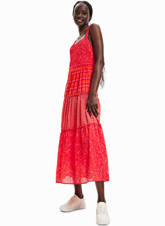Desigual Kırmızı Kadın U Yaka Yazlık Uzun Elbise 23SWVW20