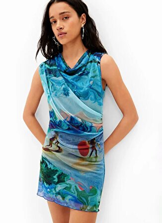 Desigual Klasik Yaka Desenli Mavi Kısa Kadın Elbise 24SWVK68