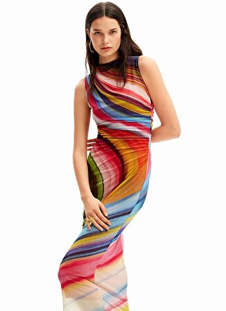 Desigual Yuvarlak Yaka Desenli Çok Renkli Uzun Kadın Elbise 24SWVK67