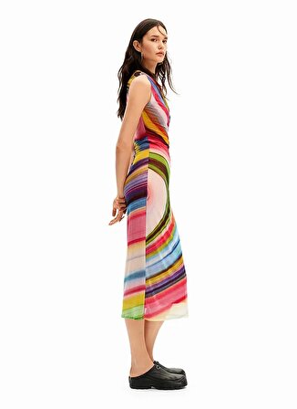 Desigual Yuvarlak Yaka Desenli Çok Renkli Uzun Kadın Elbise 24SWVK67