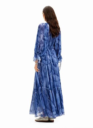 Desigual V Yaka Desenli Mavi Uzun Kadın Elbise 24SWVW49