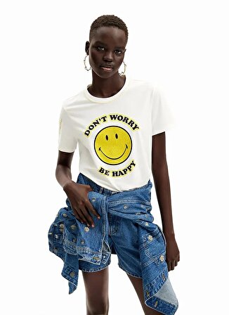 Desigual Yuvarlak Yaka Baskılı Beyaz Kadın T-Shirt 24SWTKAL
