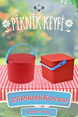 2'li Kırmızı Piknik Kovası 2 adet Piknik Sepeti Piknik Kovası Piknik Seti Piknik Çantası Kare Yuvarlak