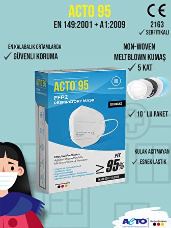 ACTO® 95 FFP2 MASKE 10 adet | 5 Katman Koruyucu Filtrasyon Oranı %95
