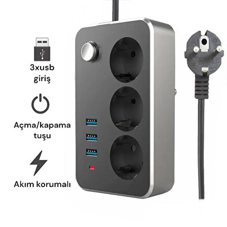 Üç Usb Akım Korumalı Priz 2 Mt Kablo (2.1 Amp) 