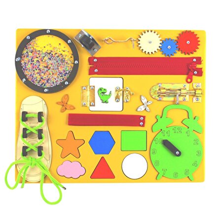 Aktivite Eğitim Tahtası(sarı),montesori,busy Board,ahşap Oyuncak
