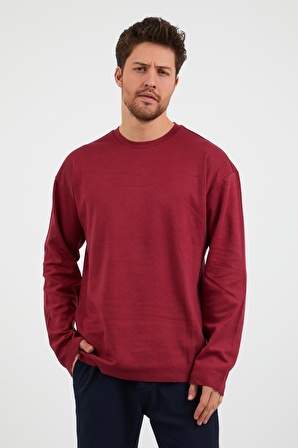 Erkek Günlük Bisiklet Yaka Rahat Oversize Spor Sweatshirt Bordo