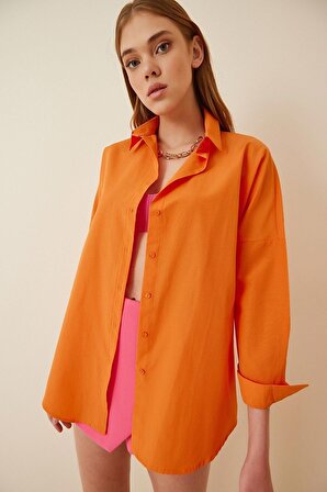 Kadın Oranj Oversize Uzun Basic Gömlek HZL22W-BD139001
