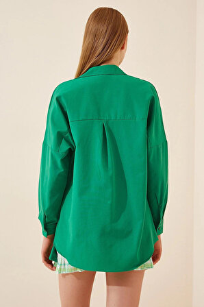 Kadın Koyu Yeşil Oversize Uzun Basic Gömlek  HZL22W-BD139001