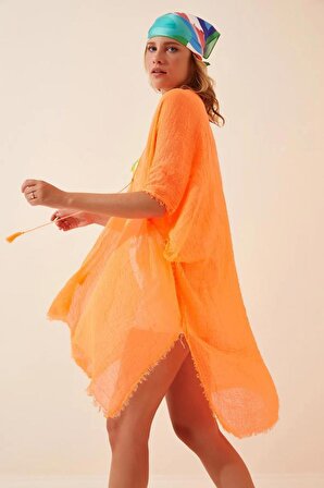 Yeni Sezon Kadın Pareo Yanı Yırtmaçlı Püsküllü Tül Transparan Hızlı Kuruyan Yaz Elbisesi