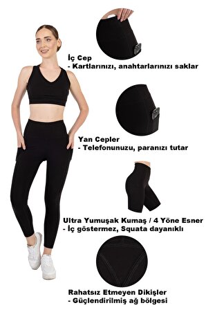 Novamour Ultra Yumuşak Yüksek Bel 3 Cepli Toparlayıcı Push Up Iç Göstermez Egzersiz Yoga Kadın Taytı