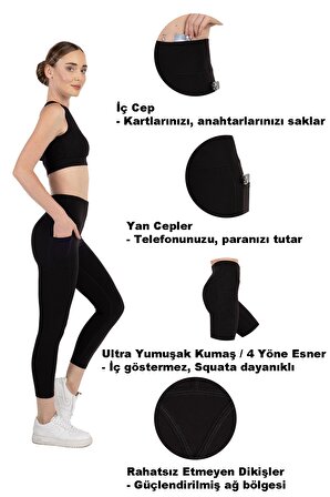 Novamour Ultra Yumuşak 7/8 Boy Yüksek Bel 3 Cepli Toparlayıcı Push Up Iç Göstermez Yoga Kadın Taytı