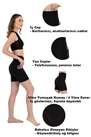 Novamour Ultra Yumuşak Yüksek Bel 3 Cepli Toparlayıcı Push Up Iç Göstermez Egzersiz Yoga Kadın Şortu