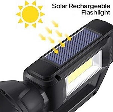 Solar Güneş Enerjili Taşınabilir Usb'li Şarjlı LED El Feneri Avcı Kamp Feneri Su Geçirmez 4 Mod Lu