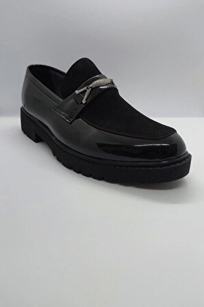 %100 El İşçiliği Rugan Rahat Taban Bağcıksız Siyah Renk İmalat Deri Klasik Kundura Ayakkabı